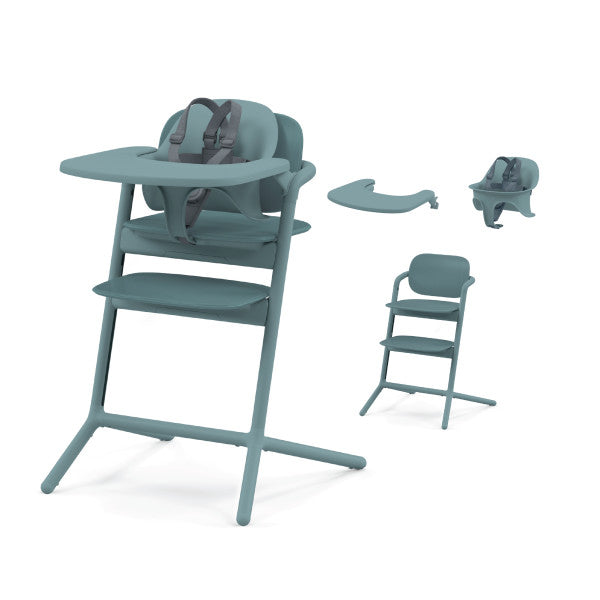 Studio product image of the Cybex Lemo 2 High Chair 3-In-1 Set in teal, harnessed seat with removable tray and separate booster components.