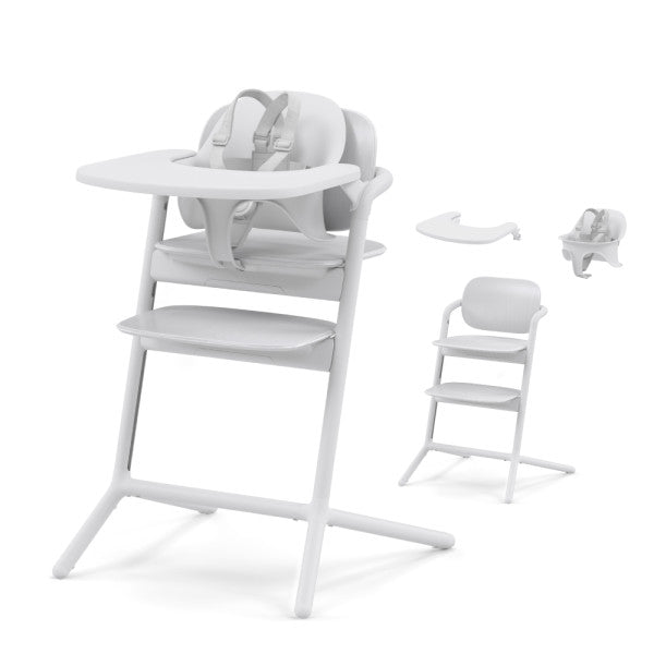Studio product image of the Cybex Lemo 2 High Chair 3-In-1 Set in white with attached tray and safety harness for safe mealtimes.