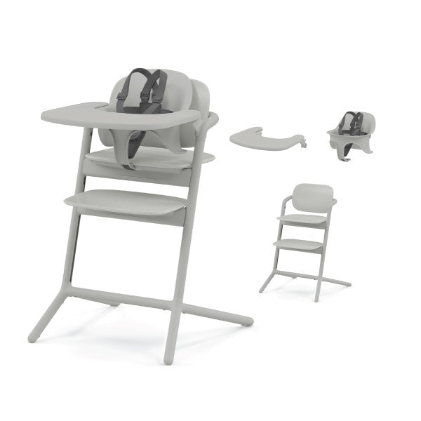 Studio product image of the Cybex Lemo 2 High Chair 3-In-1 Set in gray, with tray attached, safety harness, and booster seat components.