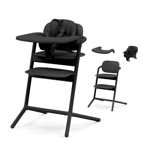Studio product image of the Cybex Lemo 2 High Chair 3-In-1 Set in black, with tray attached and booster accessory shown nearby.
