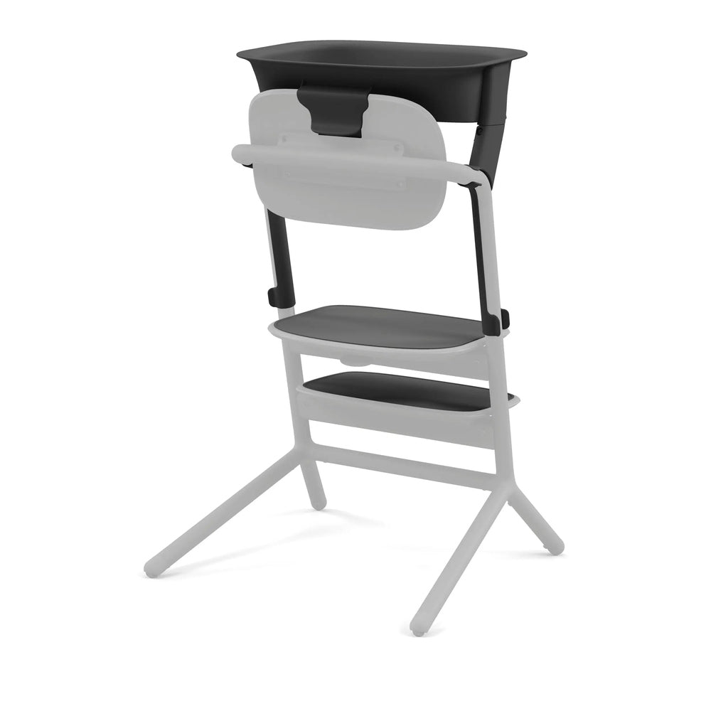 Feature graphic showing the Cybex Lemo Training Tower gray frame with dark tray, showing adjustable tray and footrest for toddler training.