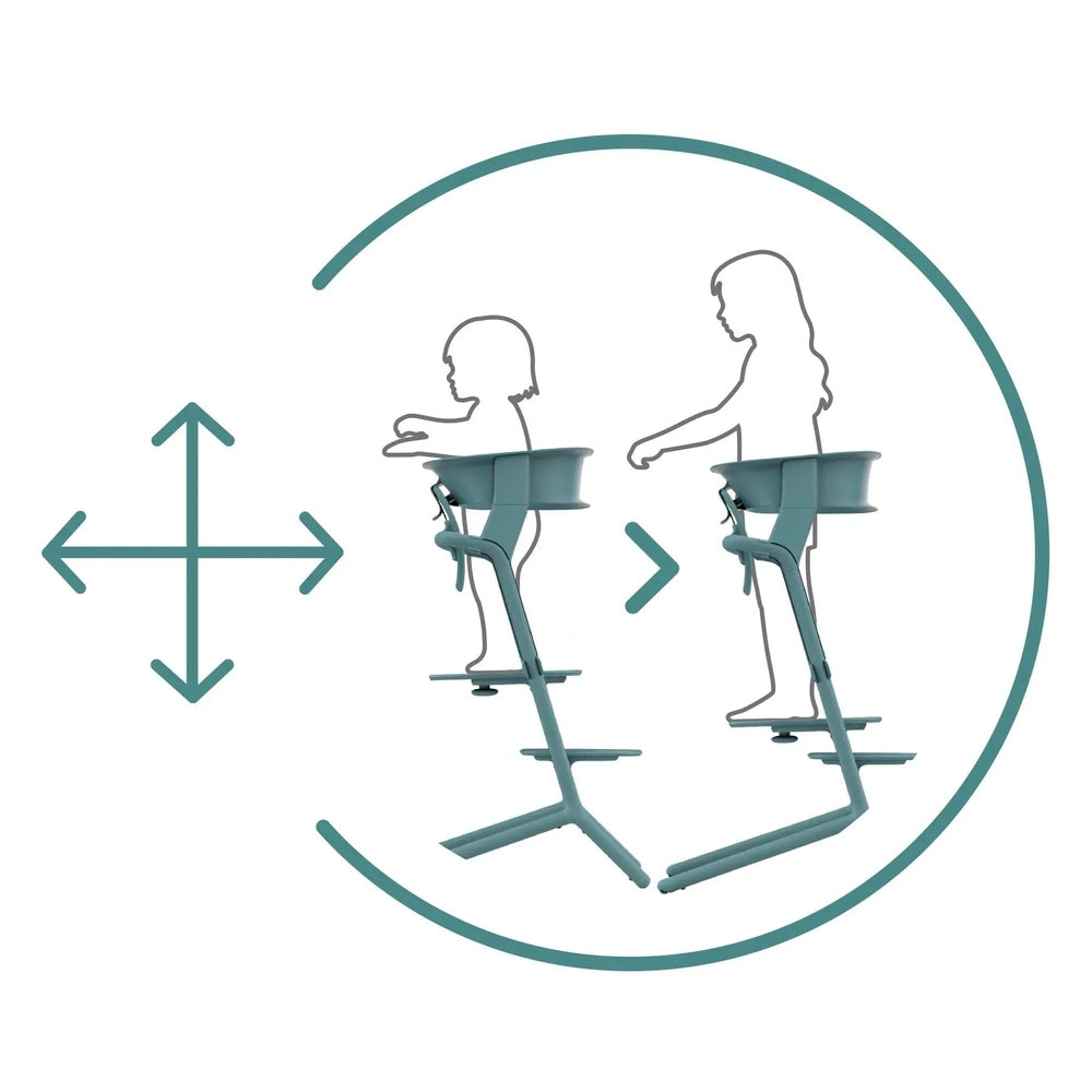 Studio product image of the Cybex Lemo Training Tower with pair in teal, adjustable-height high chair steps aiding a toddler's reach.