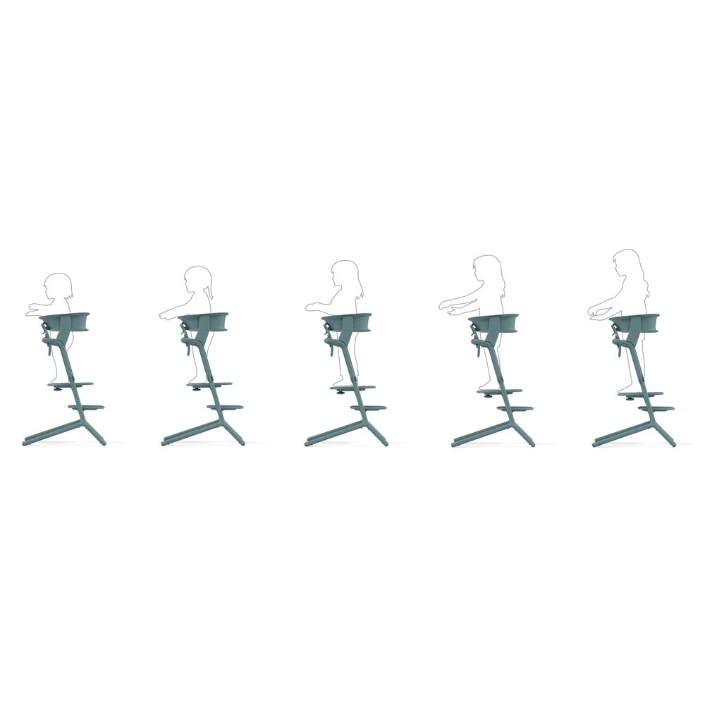 Studio product image of the Cybex Lemo Training Tower with teal high chairs, set of 5, with toddlers extending arms to reach the table.