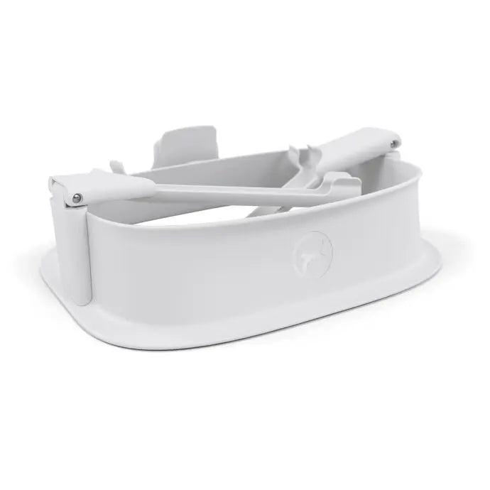 Studio product image of the Cybex Lemo Training Tower in white, compact toddler high chair with foldable arms and guard rails.