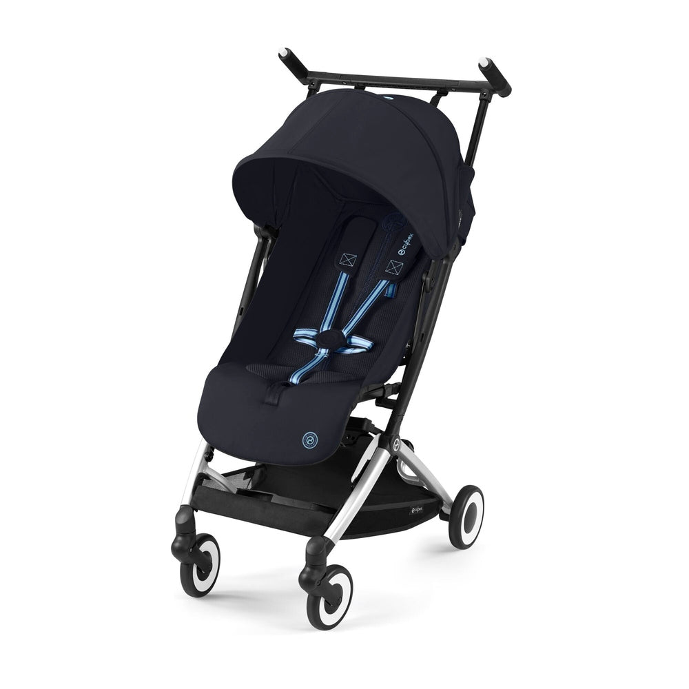 Close-up of the Cybex Libelle 2 Stroller in navy with extended canopy, blue harness straps, and compact foldable frame.