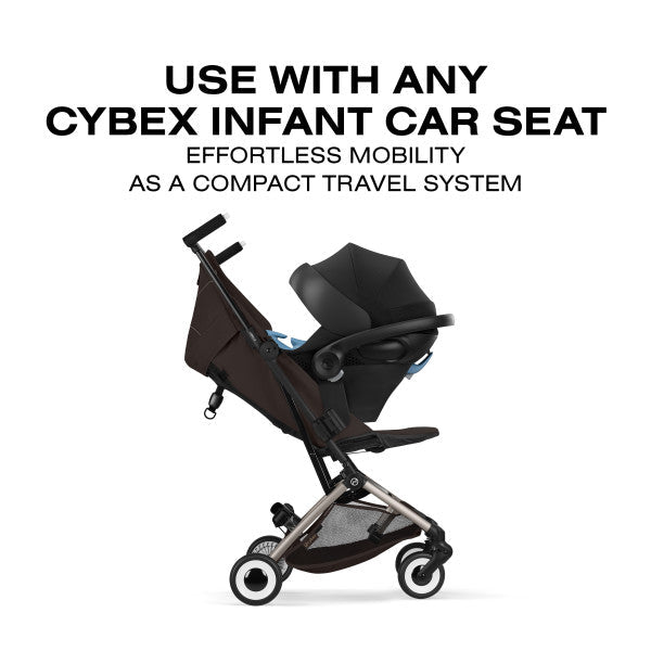 Cybex Libelle Ultra-compact Stroller travel-system graphic with a Cybex infant car seat attached