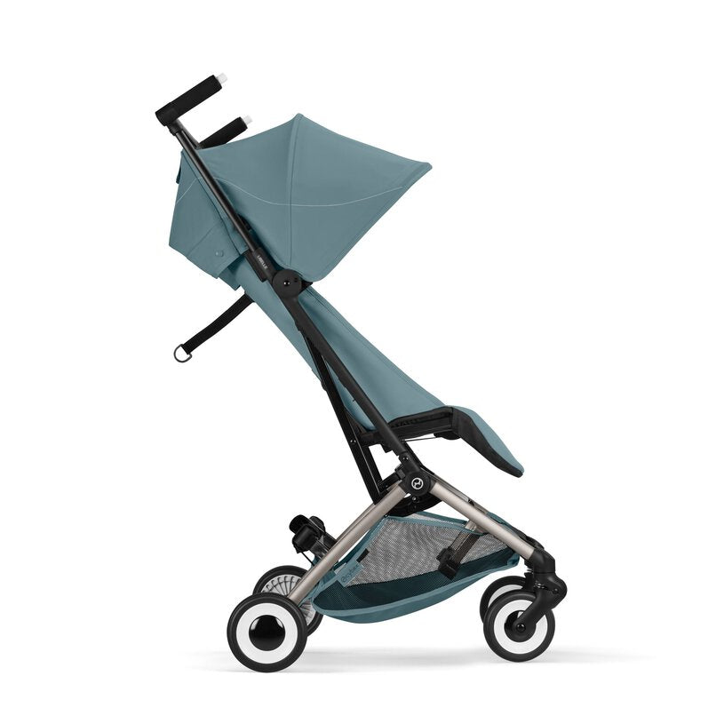 Cybex Libelle Ultra-compact Stroller in Stormy Blue/Taupe Frame, side-profile product view with canopy extended
