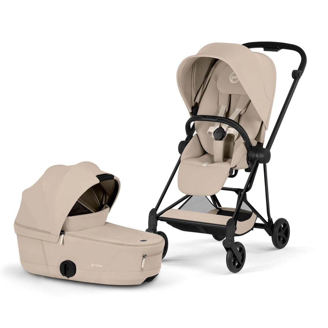 CYBEX Mios 5 bundle — Matte Black + Cozy Beige Lux Seat and Cozy Beige Fold Lux Carry Cot