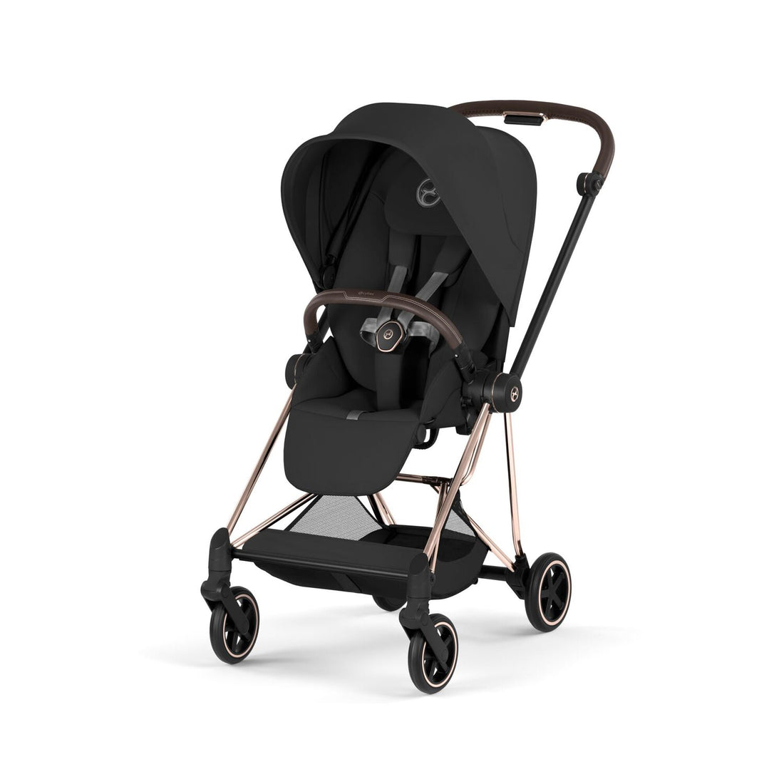 Cybex Mios 5 stroller with Rose Gold frame and Sepia Black Lux Seat, front three-quarter view