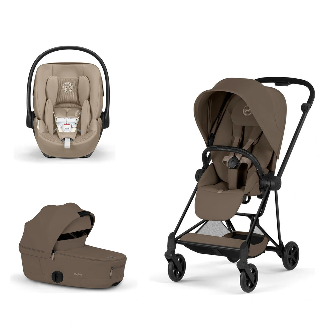 CYBEX Mios 5 Matte Black + Coconut Brown Lux Seat, Coconut Brown Fold Lux Carry Cot and Almond Beige Cloud G Pro bundle