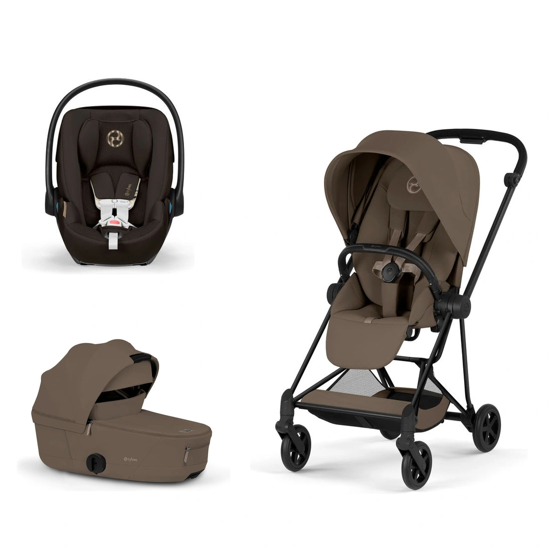 CYBEX Mios 5 Matte Black + Coconut Brown Lux Seat, Coconut Brown Fold Lux Carry Cot and Chocolate Brown Cloud G Pro bundle