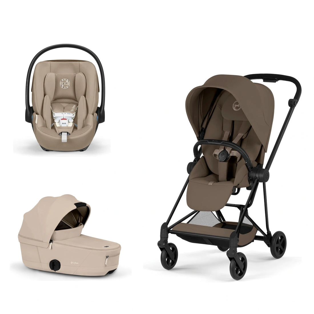 CYBEX Mios 5 Matte Black + Coconut Brown Lux Seat, Cozy Beige Fold Lux Carry Cot and Almond Beige Cloud G Pro bundle