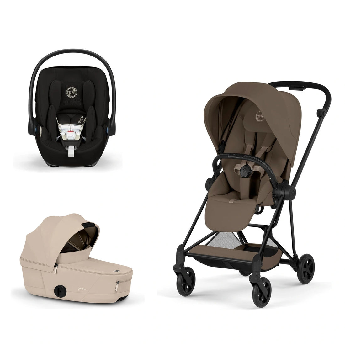 CYBEX Mios 5 Matte Black + Coconut Brown Lux Seat, Cozy Beige Fold Lux Carry Cot and Moon Black Cloud G Pro bundle