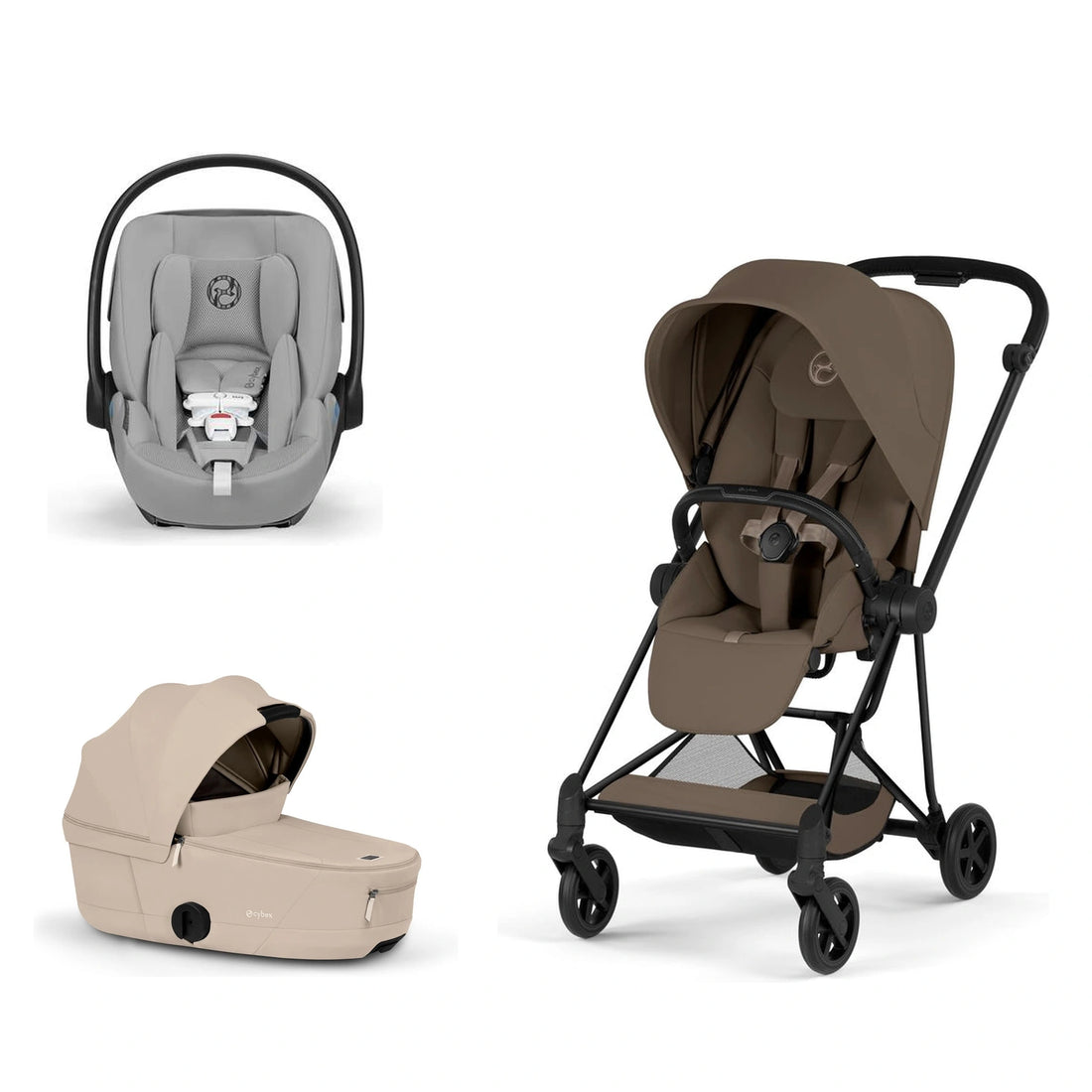 CYBEX Mios 5 Matte Black + Coconut Brown Lux Seat, Cozy Beige Fold Lux Carry Cot and Stone Grey Cloud G Pro bundle