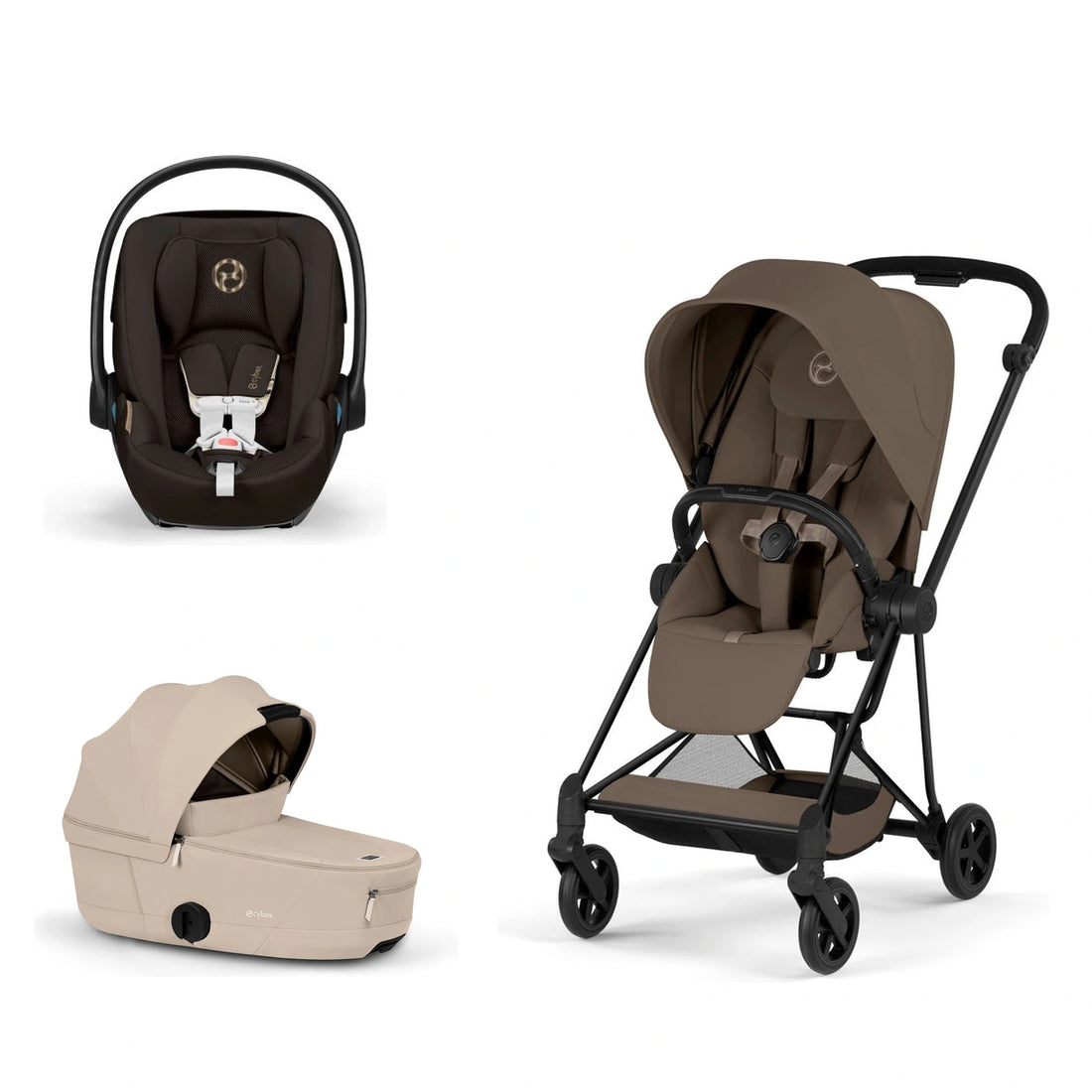 CYBEX Mios 5 Matte Black + Coconut Brown Lux Seat, Cozy Beige Fold Lux Carry Cot and Chocolate Brown Cloud G Pro bundle