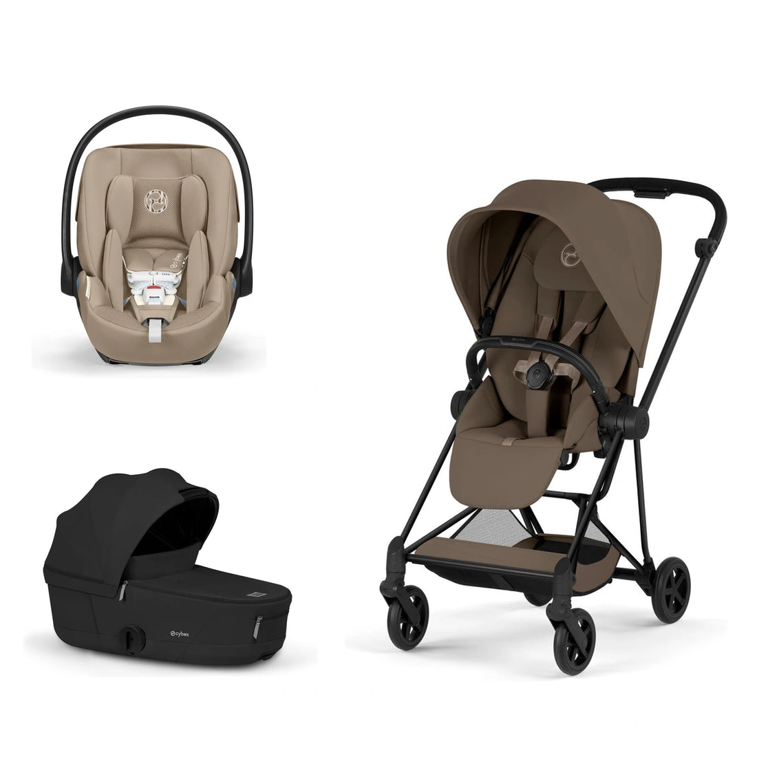 CYBEX Mios 5 Matte Black + Coconut Brown Lux Seat, Sepia Black Fold Lux Carry Cot and Almond Beige Cloud G Pro bundle
