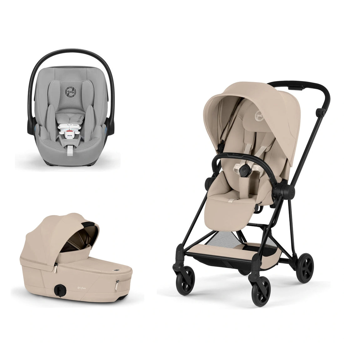 CYBEX Mios 5 Matte Black + Cozy Beige Lux Seat, Cozy Beige Fold Lux Carry Cot and Stone Grey Cloud G Pro bundle