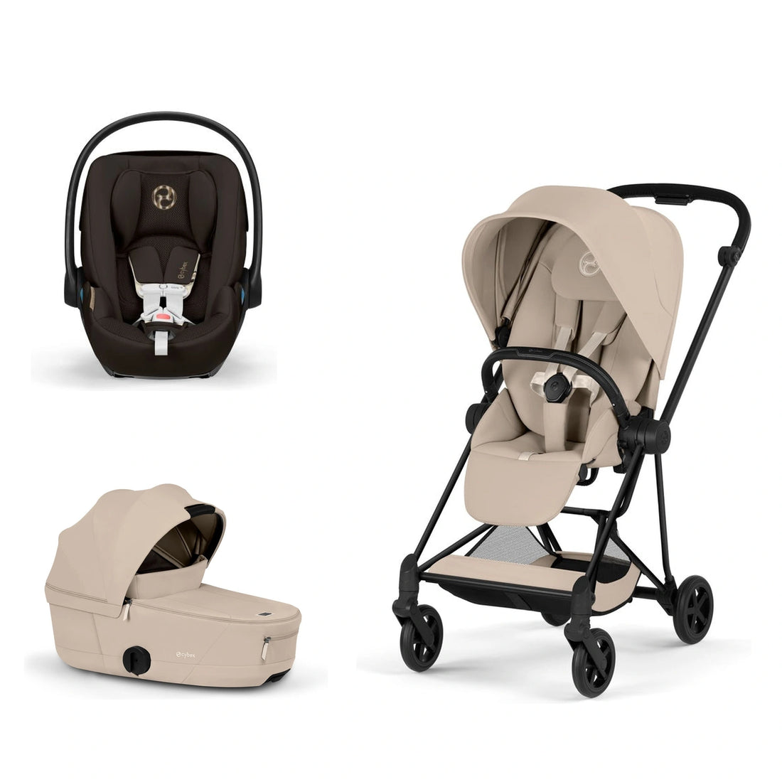 CYBEX Mios 5 Matte Black + Cozy Beige Lux Seat, Cozy Beige Fold Lux Carry Cot and Chocolate Brown Cloud G Pro bundle