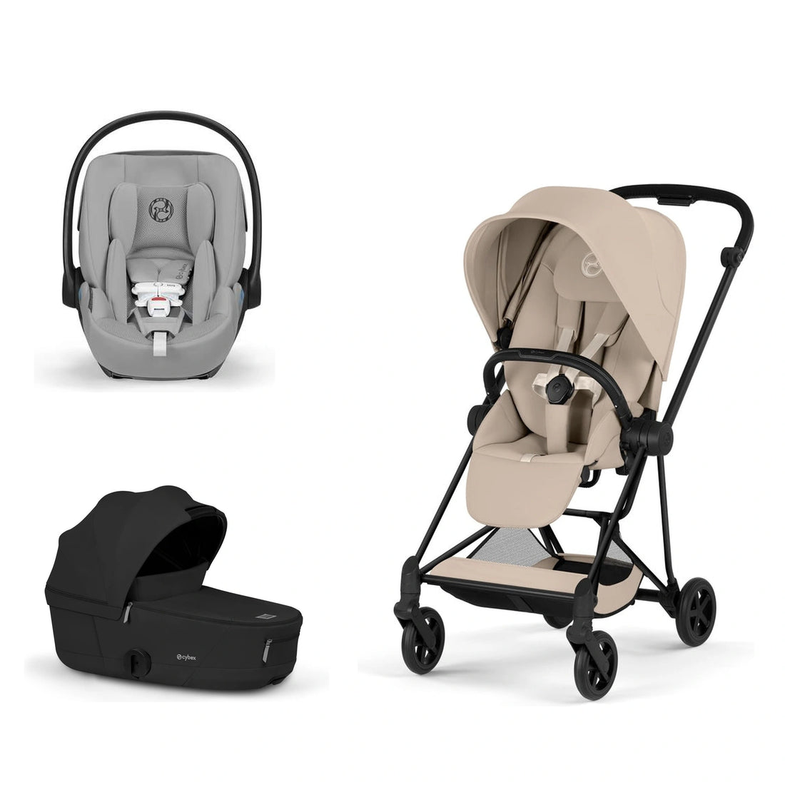 CYBEX Mios 5 Matte Black + Cozy Beige Lux Seat, Sepia Black Fold Lux Carry Cot and Stone Grey Cloud G Pro bundle