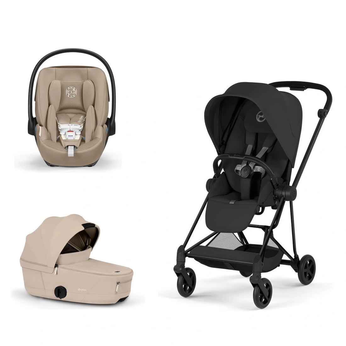 CYBEX Mios 5 Matte Black + Sepia Black Lux Seat, Cozy Beige Fold Lux Carry Cot and Almond Beige Cloud G Pro bundle