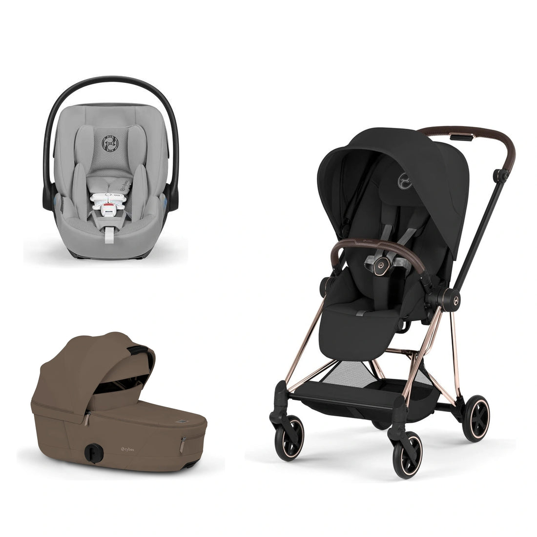 CYBEX Mios 5 Rose Gold + Sepia Black Lux Seat, Coconut Brown Fold Lux Carry Cot and Stone Grey Cloud G Pro bundle