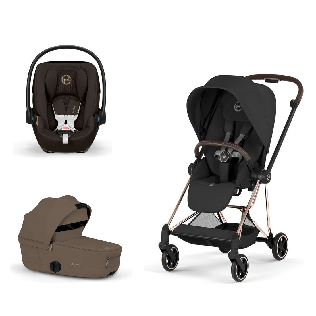 CYBEX Mios 5 Rose Gold + Sepia Black Lux Seat, Coconut Brown Fold Lux Carry Cot and Chocolate Brown Cloud G Pro bundle