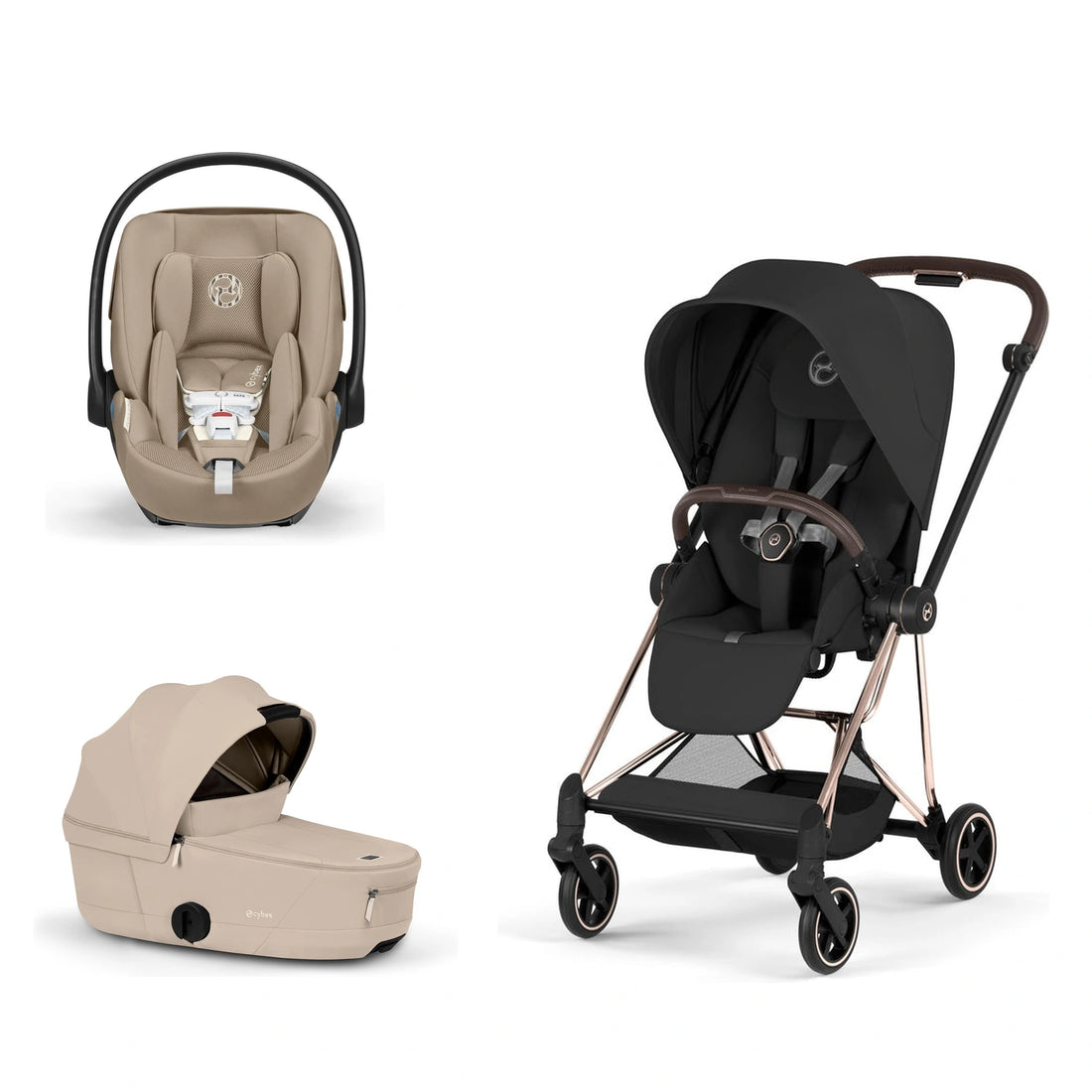 CYBEX Mios 5 Rose Gold + Sepia Black Lux Seat, Cozy Beige Fold Lux Carry Cot and Almond Beige Cloud G Pro bundle