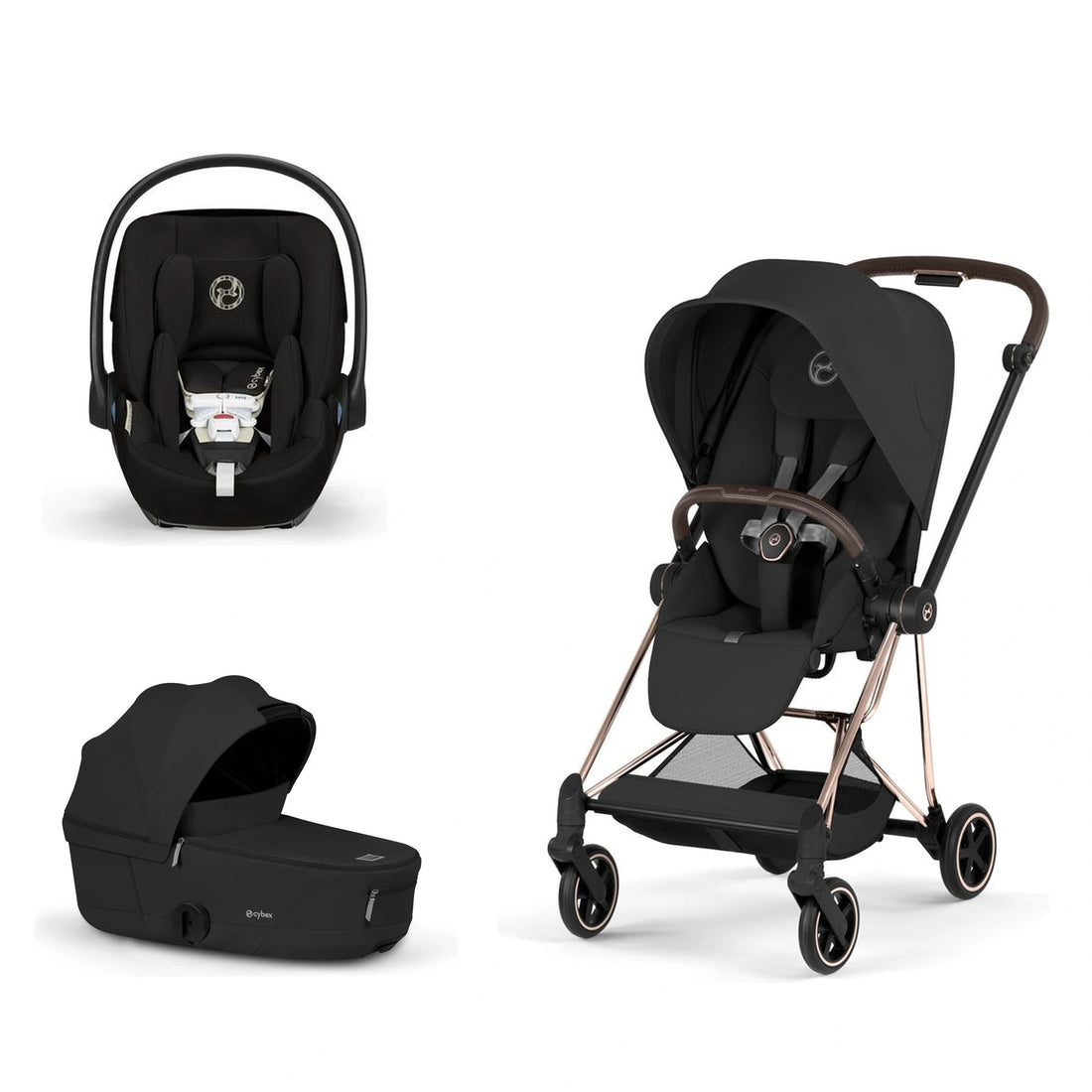 CYBEX Mios 5 Rose Gold + Sepia Black Lux Seat, Sepia Black Fold Lux Carry Cot and Moon Black Cloud G Pro bundle
