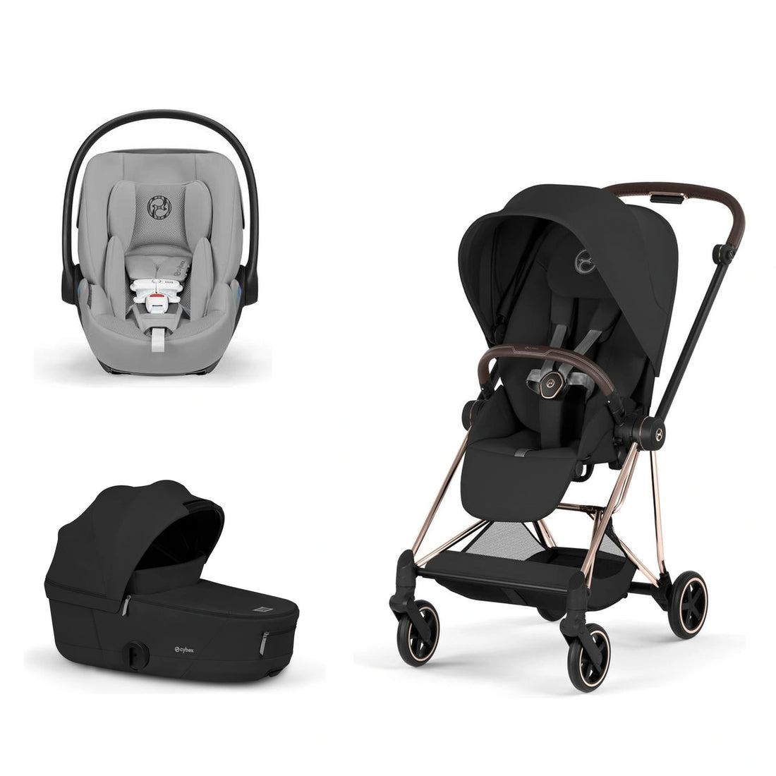 CYBEX Mios 5 Rose Gold + Sepia Black Lux Seat, Sepia Black Fold Lux Carry Cot and Stone Grey Cloud G Pro bundle