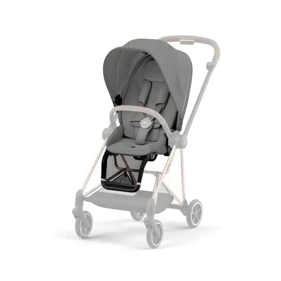 Close-up of the Cybex Mios3 Seat Pack in gray with canopy mounted on a four-wheel stroller chassis.