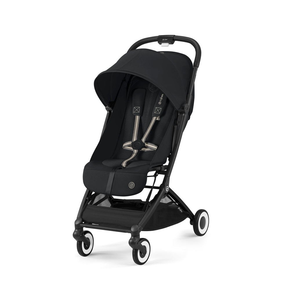 Studio product image of the Cybex Orfeo Compact Lightweight Travel Stroller in black, front three-quarter view.