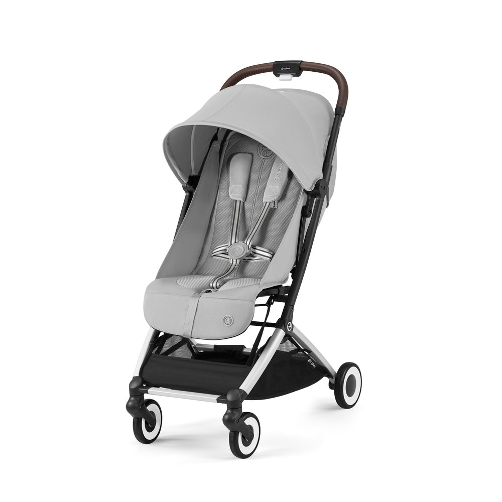 Studio product image of the Cybex Orfeo Compact Lightweight Travel Stroller in light gray, front three-quarter view.