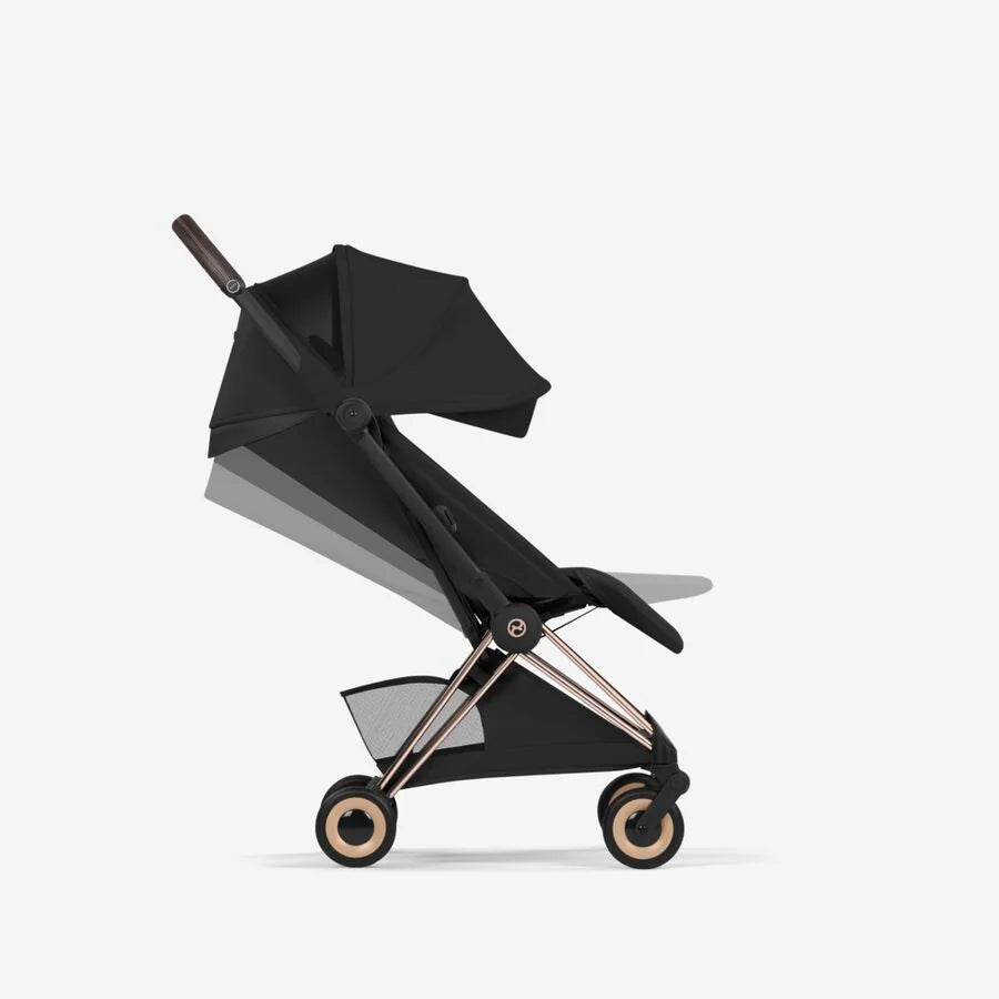 An image of the CYBEX Platinum Coya - Style Collection Buggy, highlighting the Ergonomic Near-Flat feature.