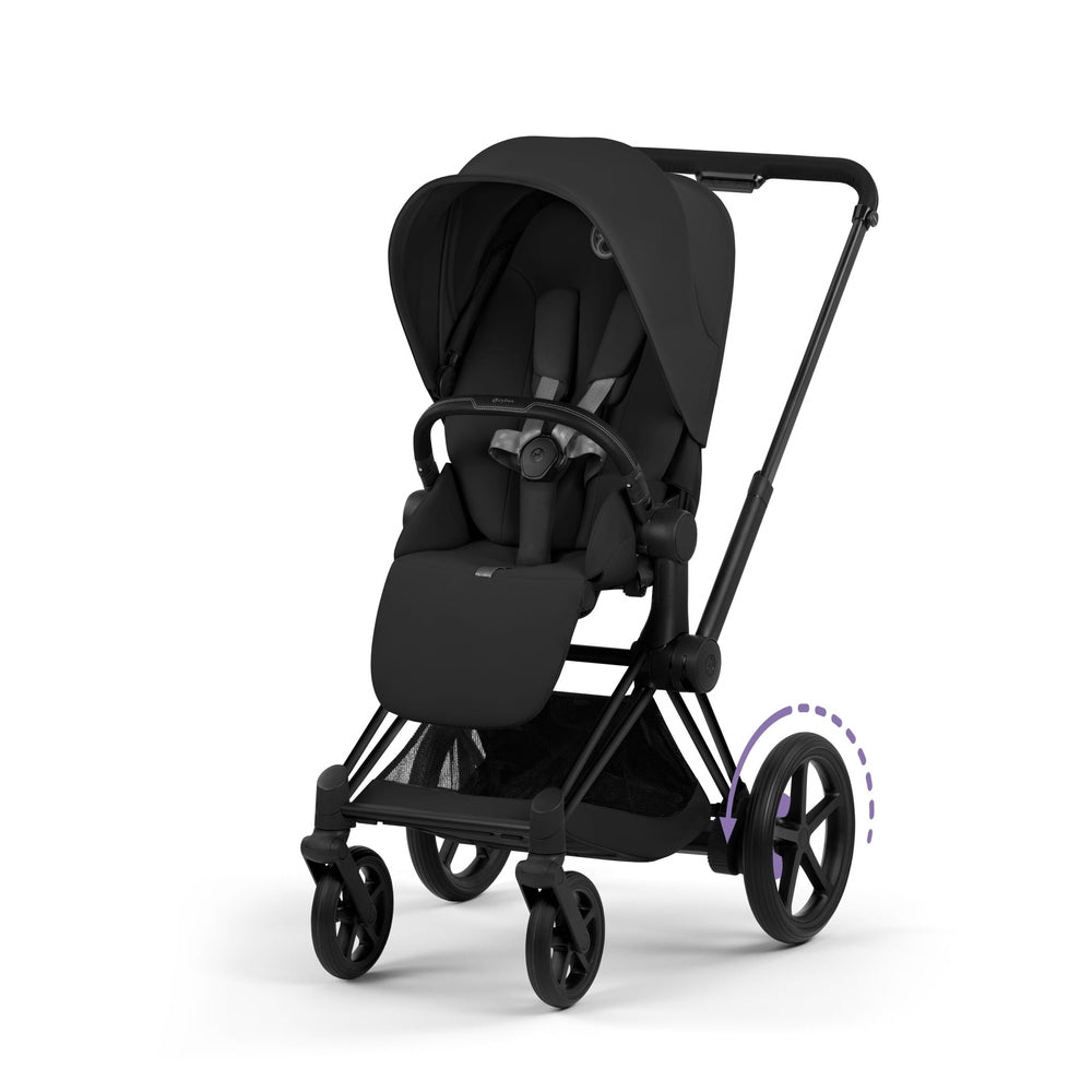 CYBEX e-Priam Matte Black frame with Sepia Black Lux Seat front view