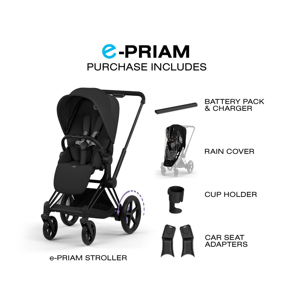 CYBEX e-Priam Matte Black Sepia Black included accessories graphic