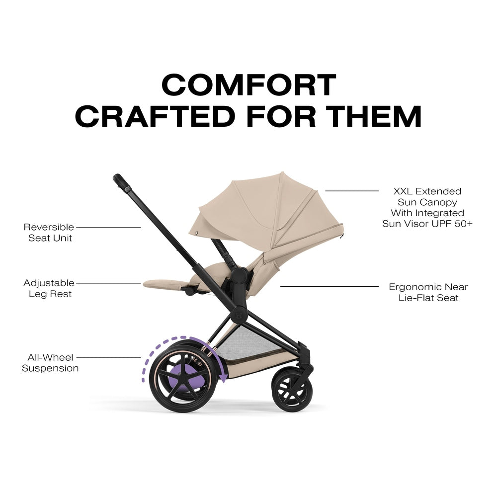 CYBEX e-Priam Matte Black Cozy Beige comfort feature diagram