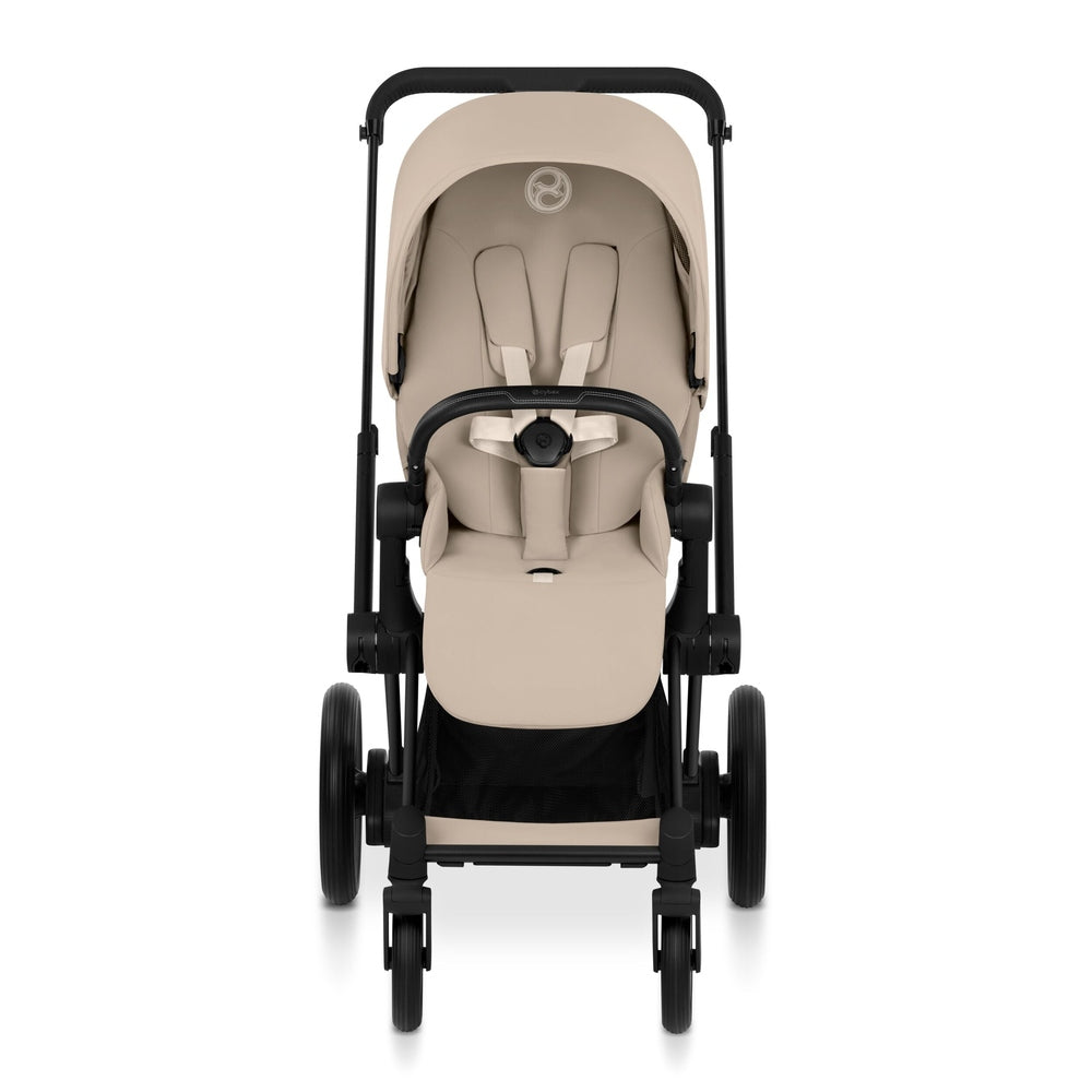 CYBEX e-Priam Matte Black Cozy Beige stroller front view