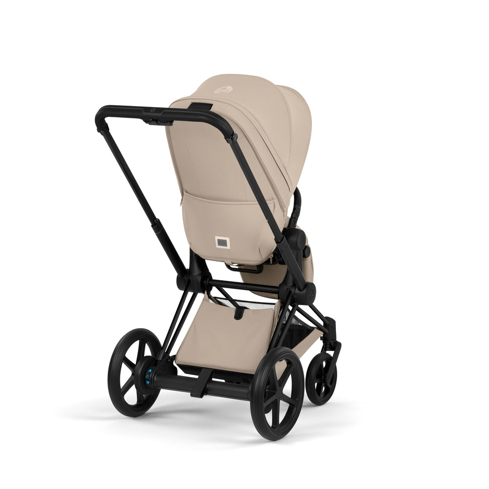 CYBEX e-Priam Matte Black Cozy Beige stroller rear view