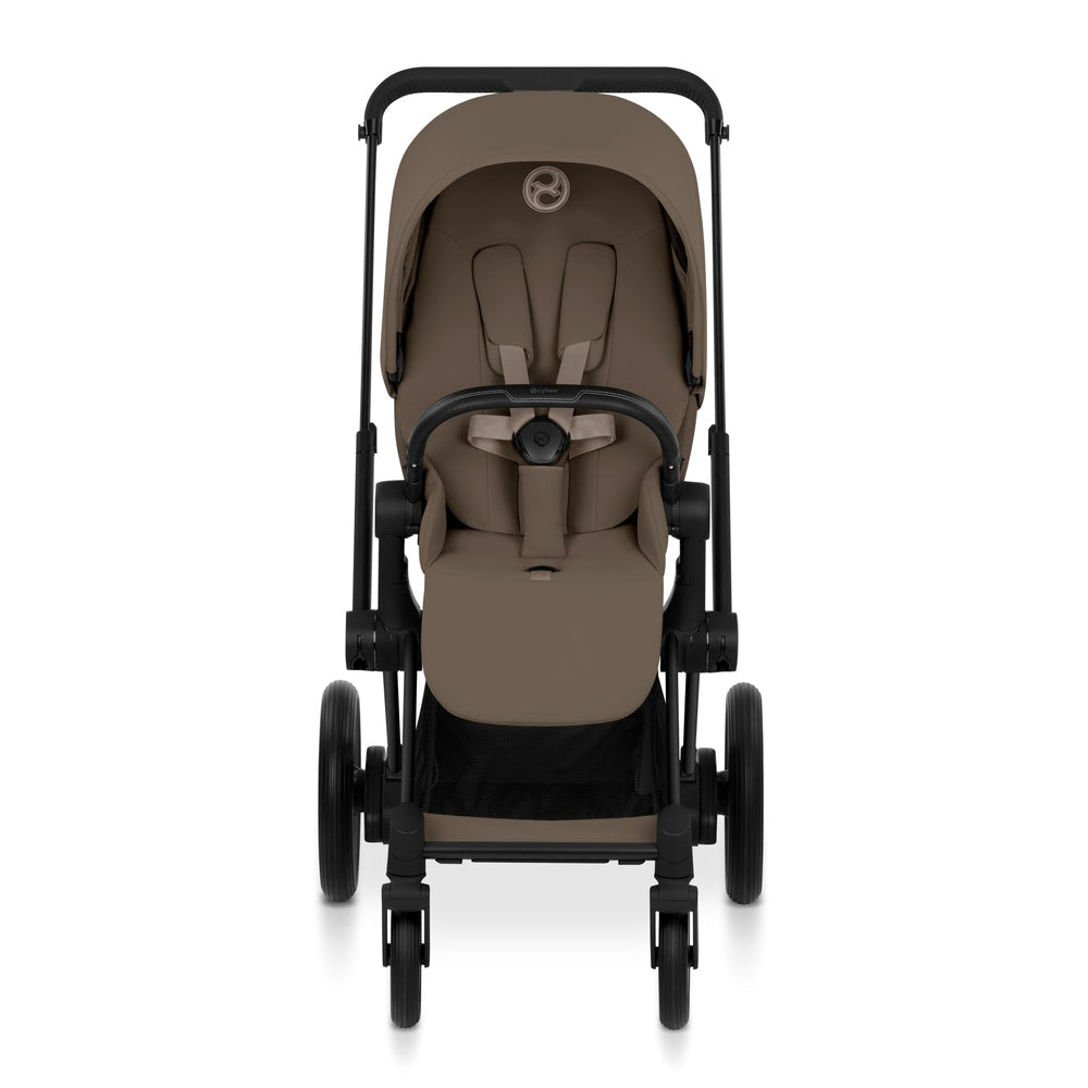 CYBEX e-Priam Matte Black Coconut Brown stroller front view