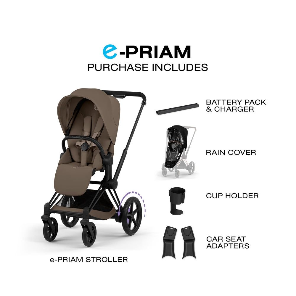CYBEX e-Priam Matte Black Coconut Brown included accessories graphic
