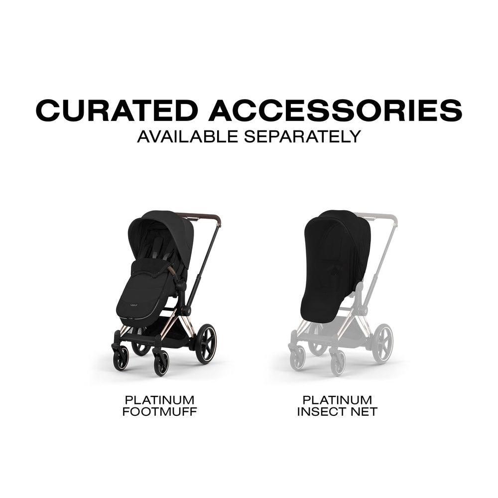 CYBEX e-Priam separate accessories graphic for Platinum Footmuff and Insect Net