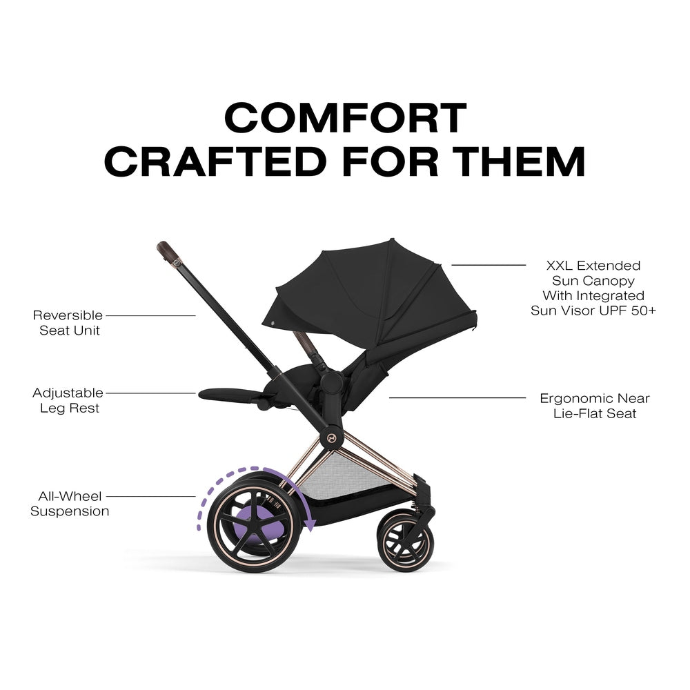CYBEX e-Priam Rose Gold Sepia Black comfort feature diagram