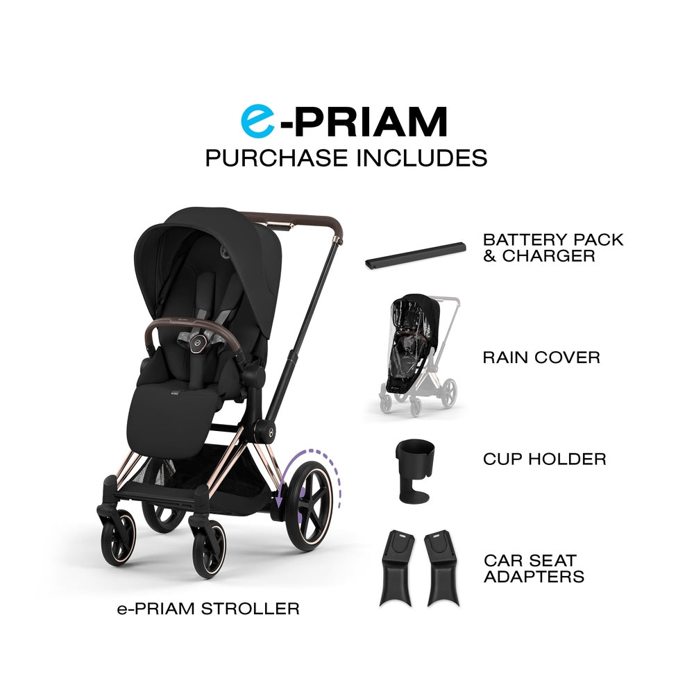 CYBEX e-Priam Rose Gold Sepia Black included accessories graphic