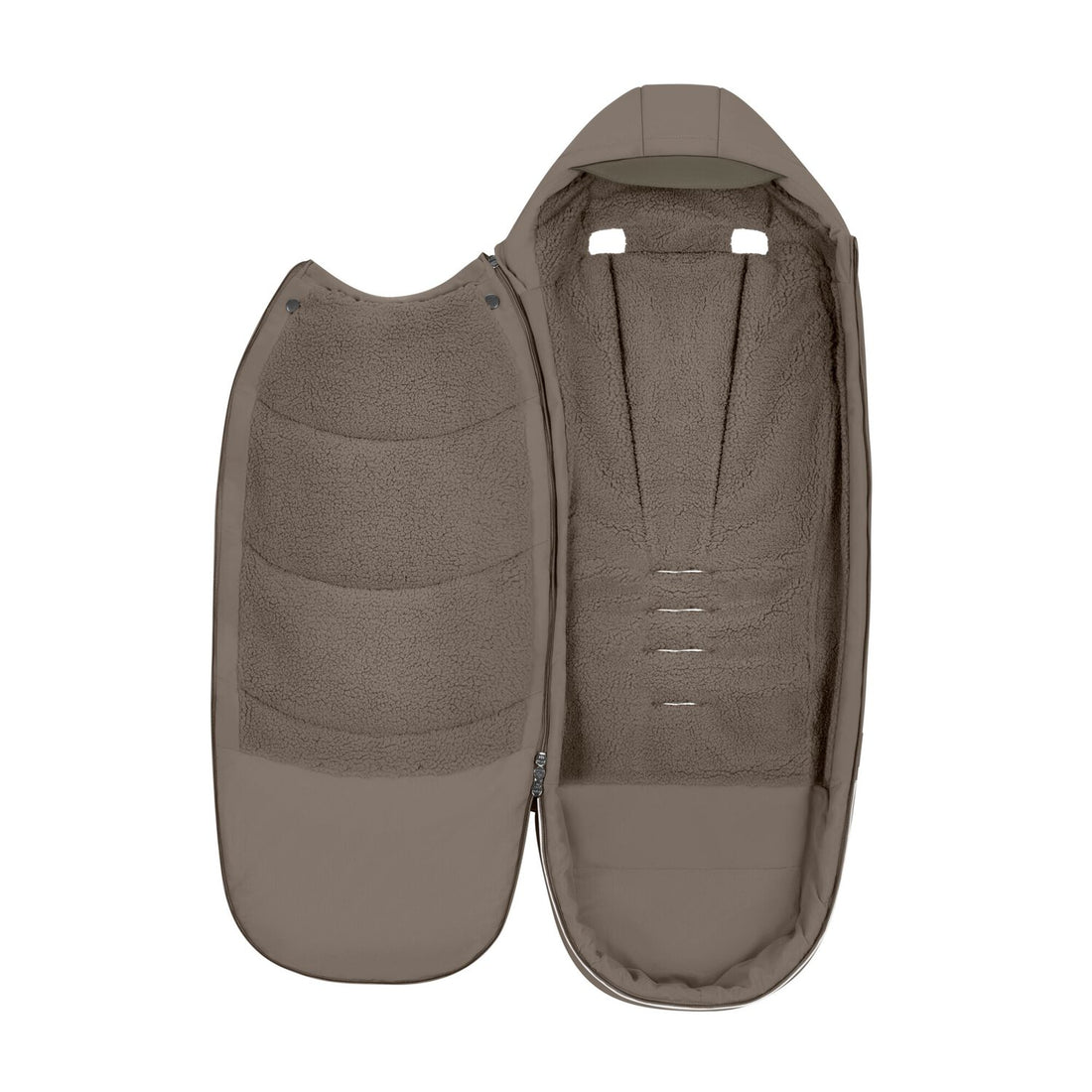 CYBEX Platinum Footmuff in Coconut Brown opened to show the teddy-fleece interior