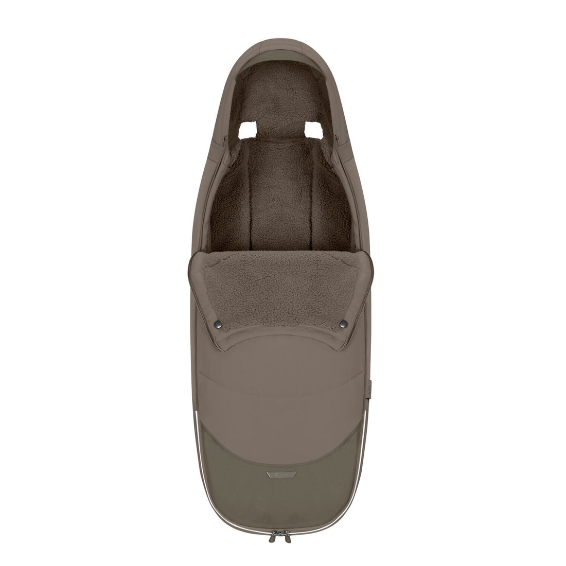 CYBEX Platinum Footmuff in Coconut Brown with the upper front panel folded down