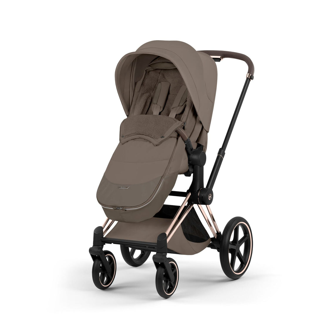 CYBEX Platinum Footmuff in Coconut Brown installed on a CYBEX Priam stroller