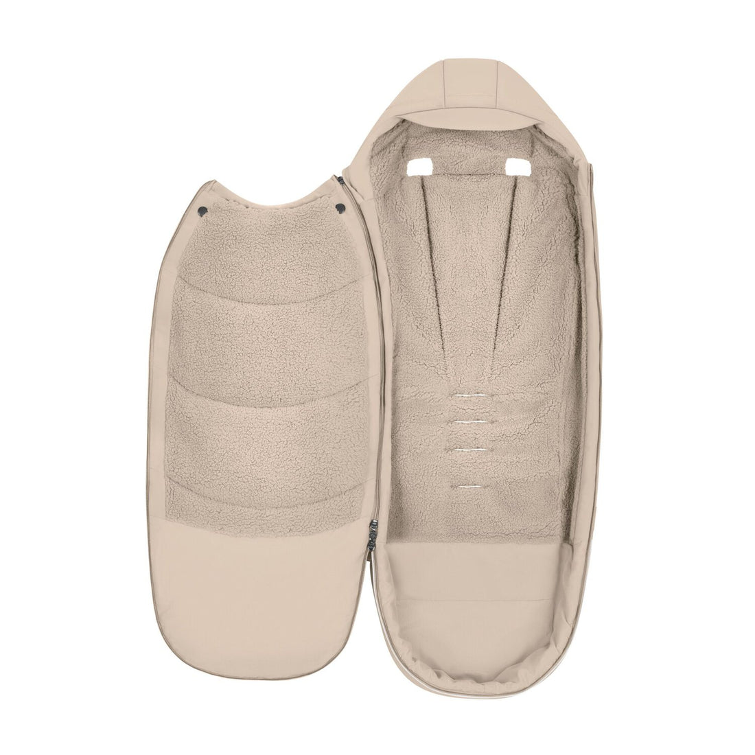 CYBEX Platinum Footmuff in Cozy Beige showing the teddy-fleece interior