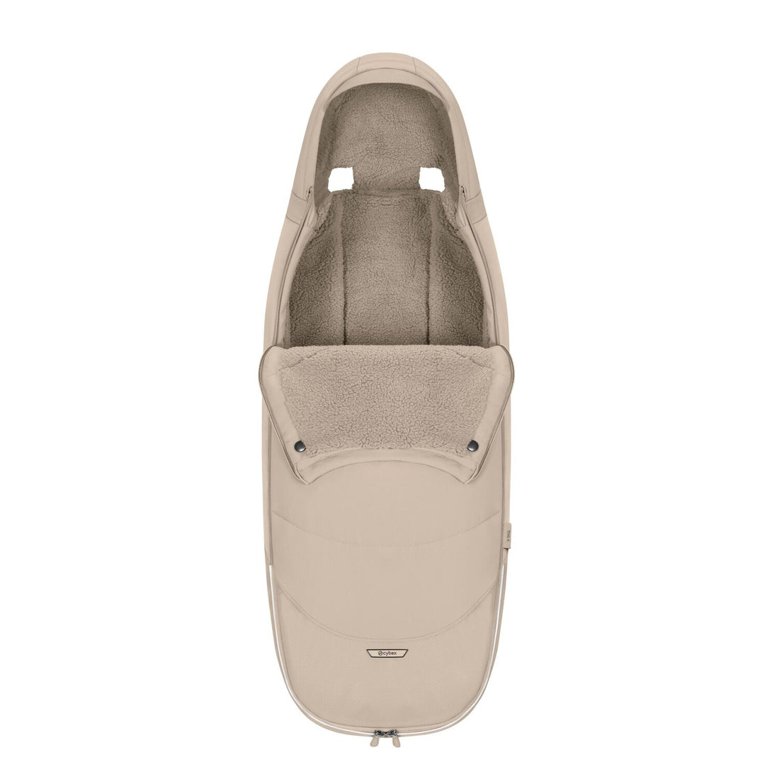 CYBEX Platinum Footmuff in Cozy Beige with the front panel opened
