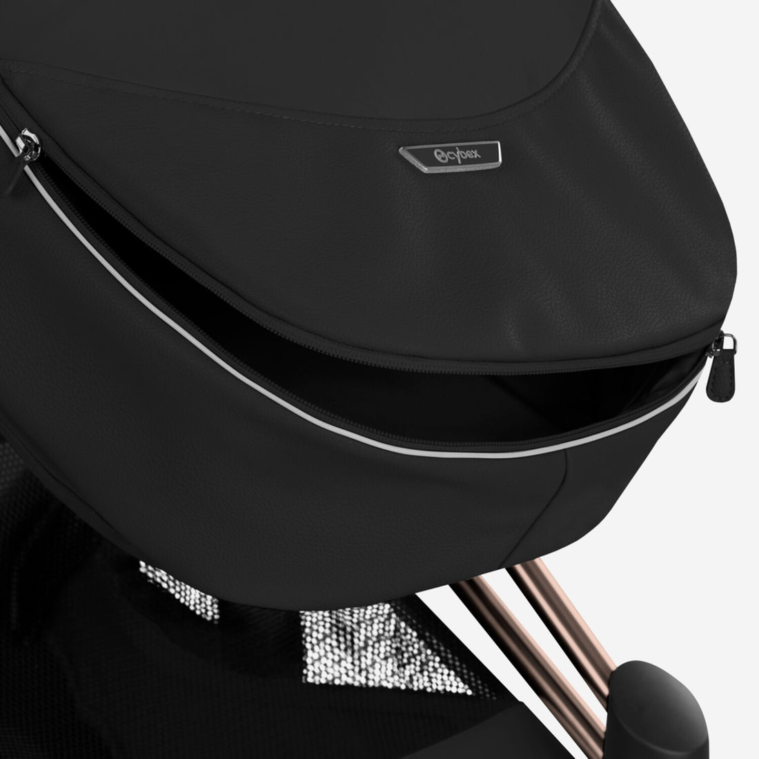CYBEX Platinum Footmuff lower ventilation zipper in Sepia Black.