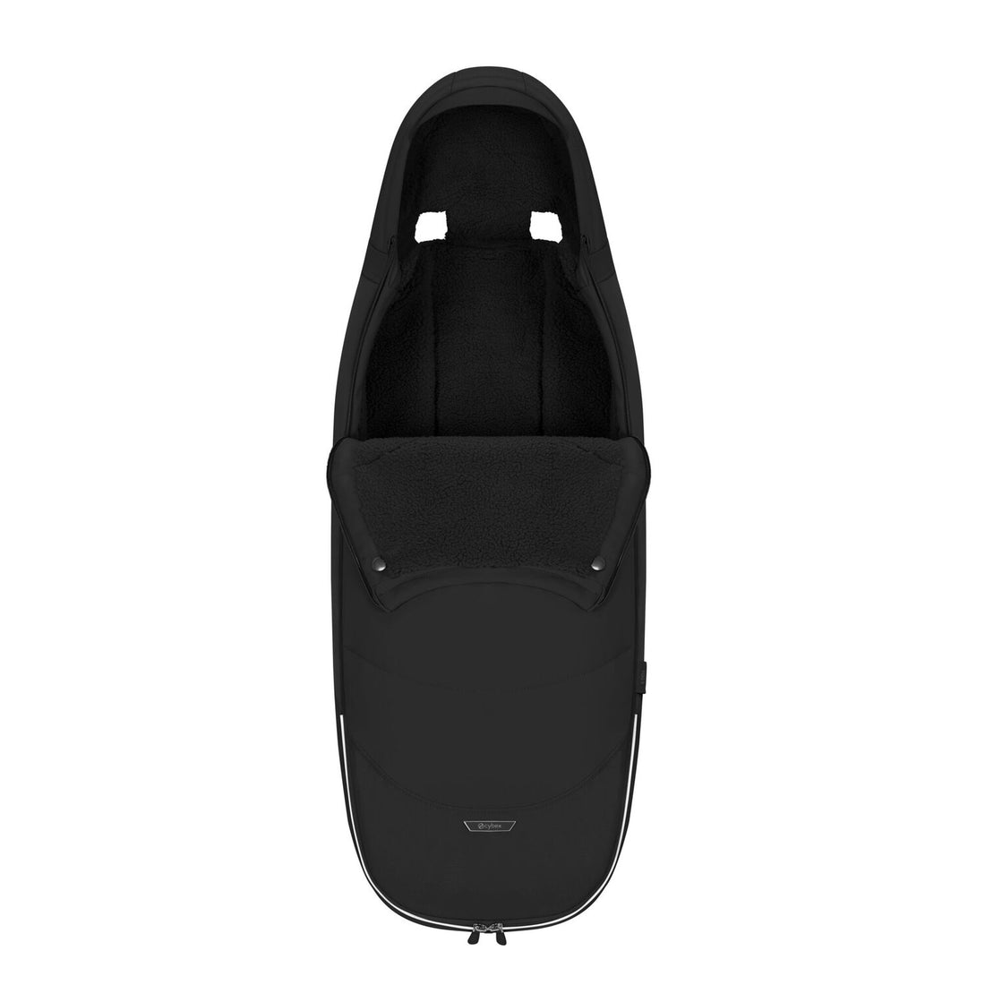 CYBEX Platinum Footmuff in Sepia Black with the front panel opened